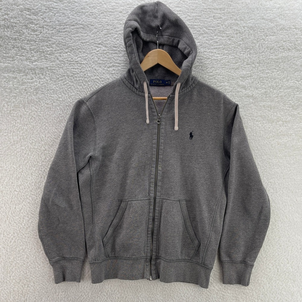 Polo Ralph Lauren Hoodie Mens M Gray Full Zip Preppy Thermal Hood Preppy Y2K